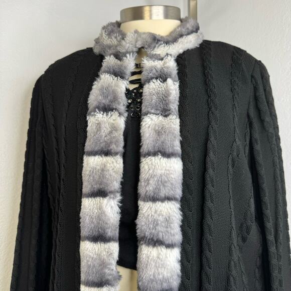 Ming Wang Black Faux Fur Cable Knit Open Wool Blend Cardigan Sweater 0X - Picture 2 of 13